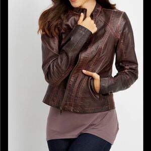 Maurices Deep Burgundy Merlot Brown Faux Vegan Moto Leather Jacket XL